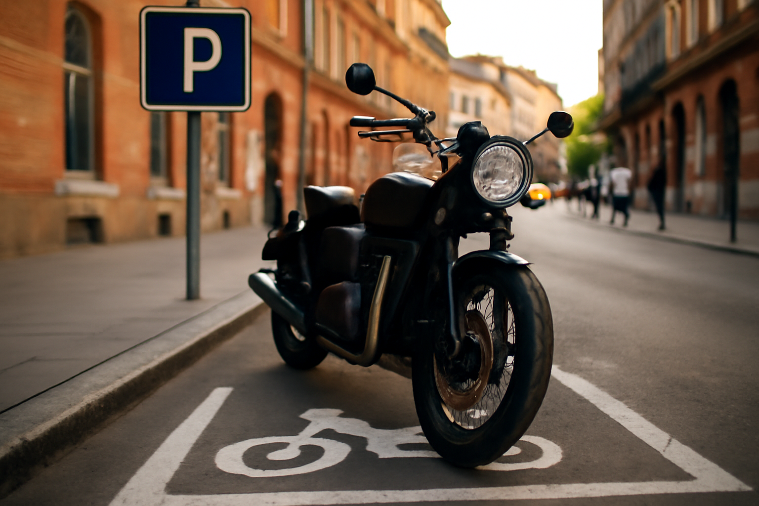 stationnement moto dans une zone 2 roues à Toulouse, marquage au sol et panneau