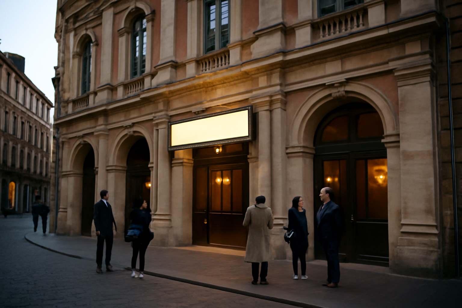 Façade du theatre grand rond à Toulouse, entrée de théâtre le soir, ambiance urbaine réelle