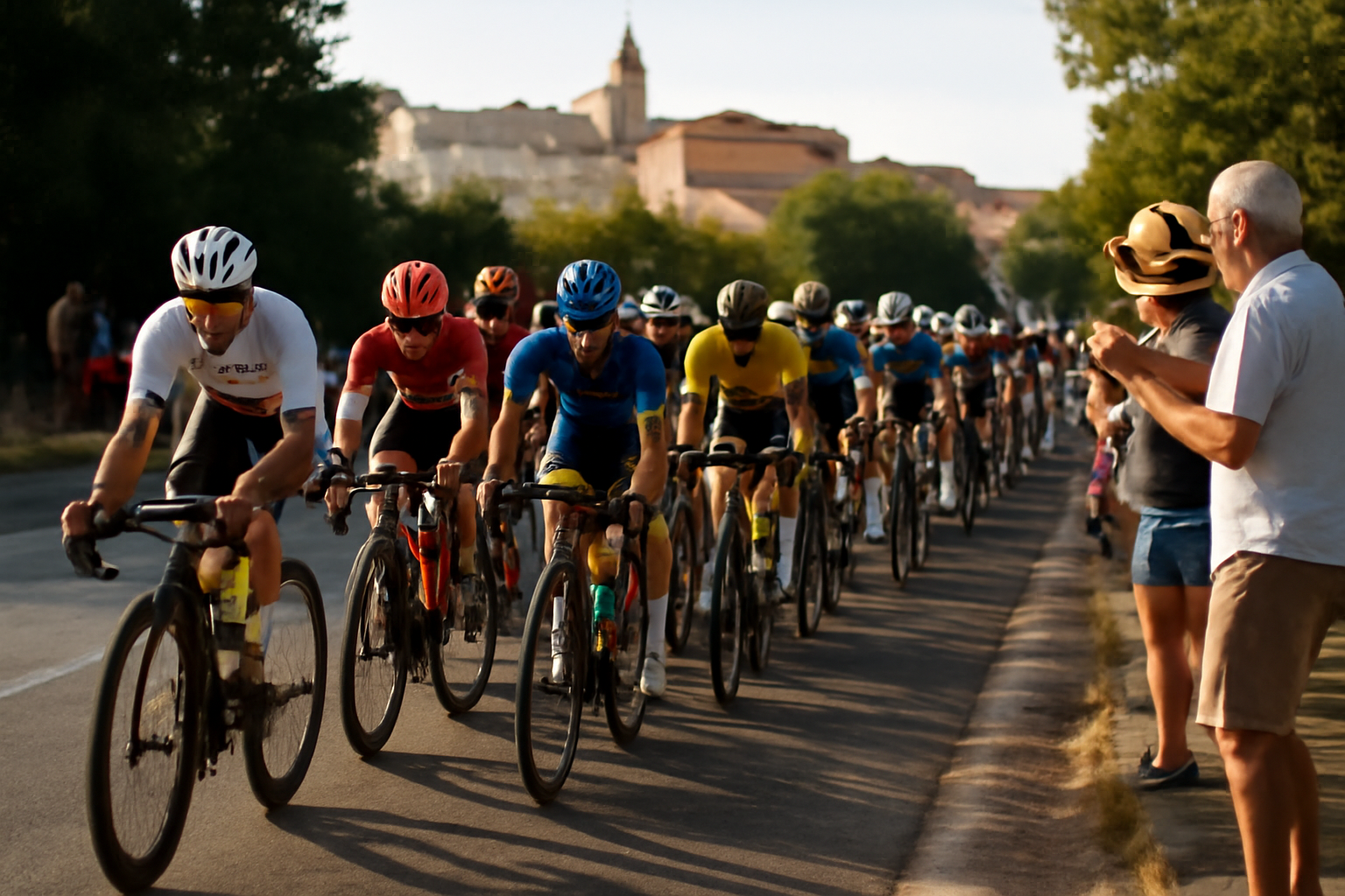 Cyclistes sur la Route d’Occitanie en Occitanie près de Toulouse, ambiance course au soleil