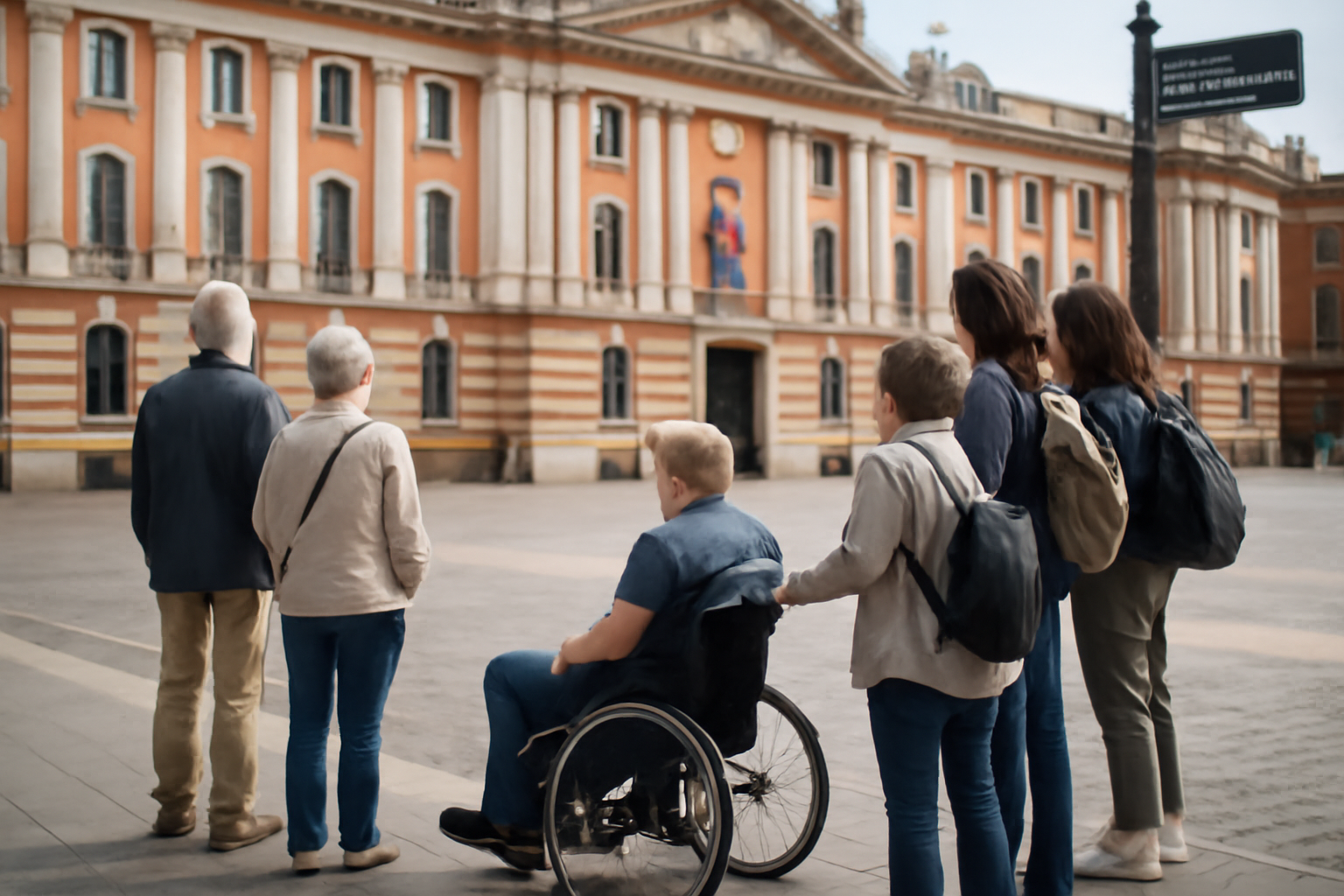 Personnes visitant Toulouse en groupe avec accès PMR, plan et signalétique près d’un site touristique