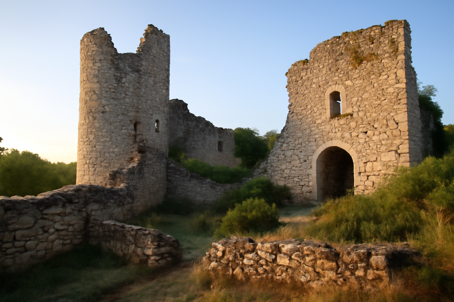 Façade et ruines évoquant un ancien château sur un site historique lié à Bourassol, ambiance patrimoniale en Occitanie