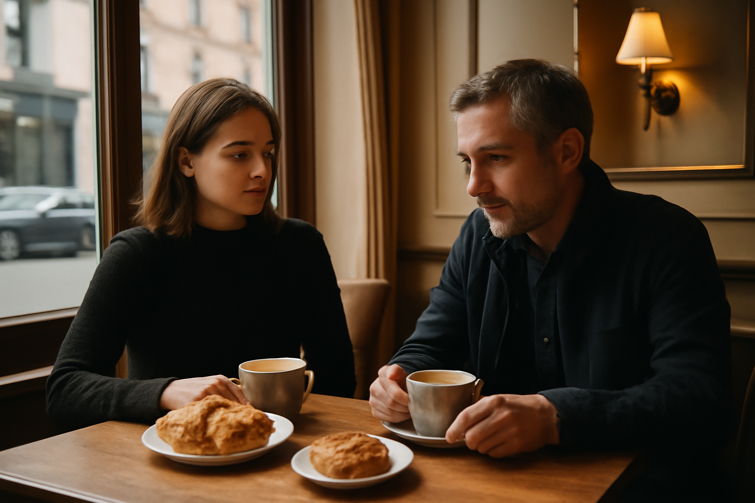 cafe chic à Paris : comptoir en bois, tasses de café de spécialité et pâtisserie, lumière chaude