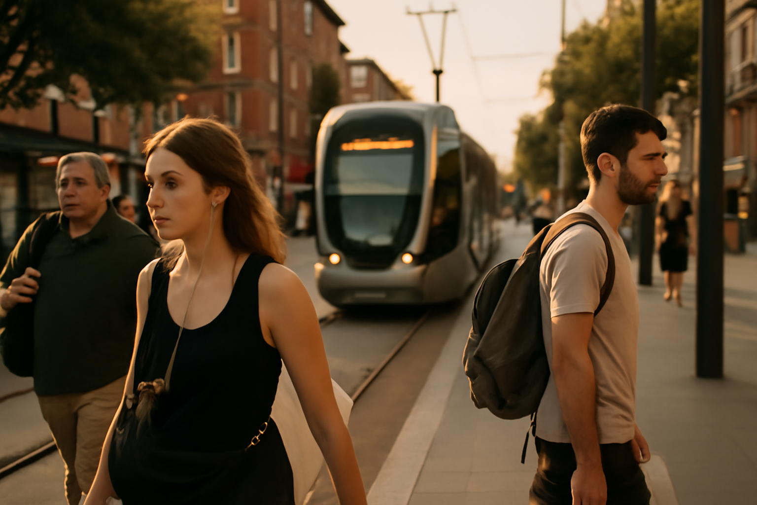 chanson sur la ville à Toulouse près du tramway, lumière du soir