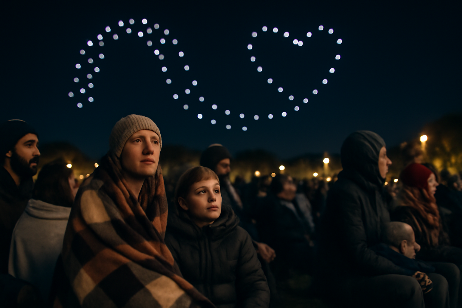 drone art show près de Toulouse : public sur un site en plein air sous des drones lumineux