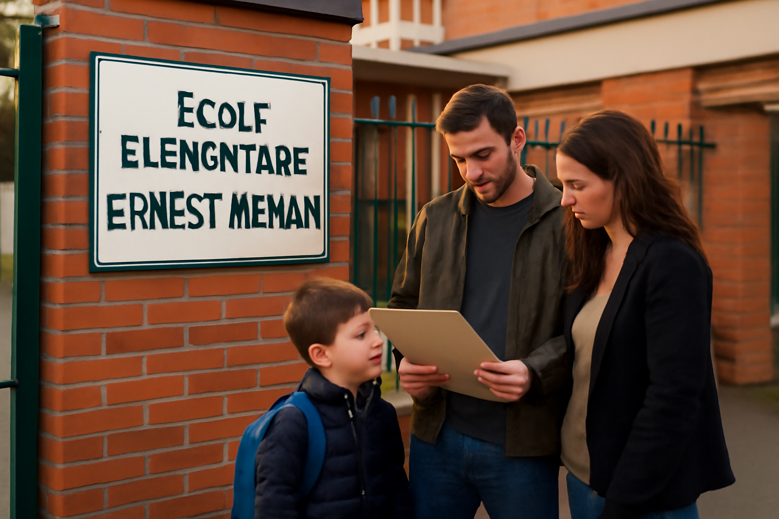Entrée d’une école à Toulouse avec panneau Ernest Renan et parents devant le portail