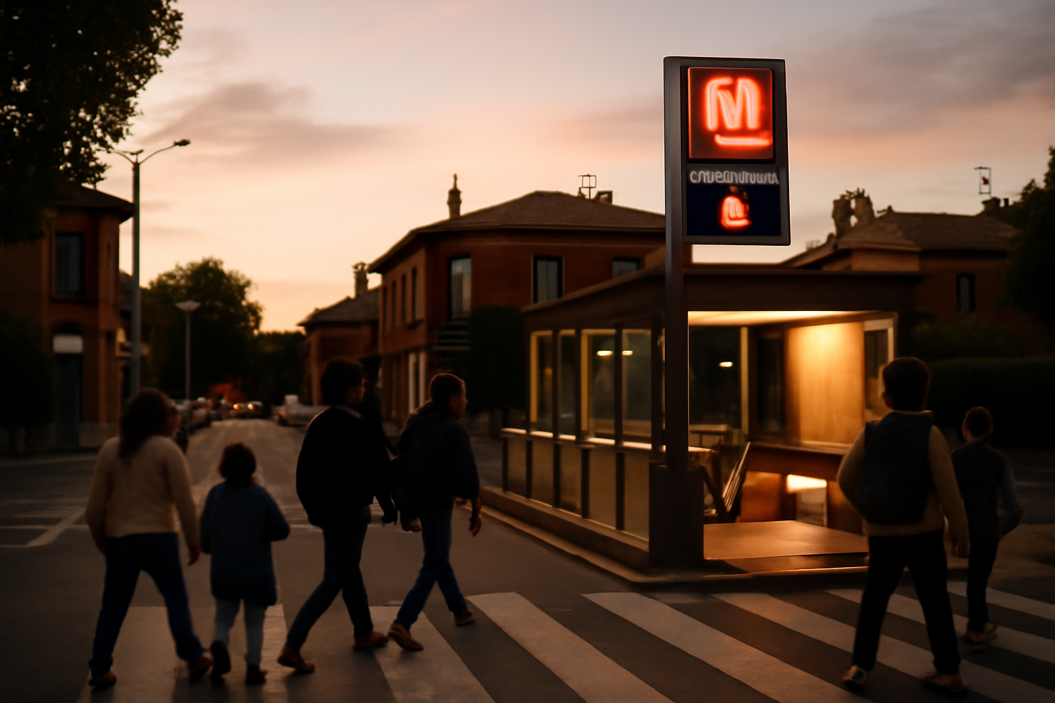 Station de métro Fontaine-Lestang à Toulouse, entrée au croisement des rues Louis-Vestrepain et Henri-Desbals, lumière de fin d’après-midi