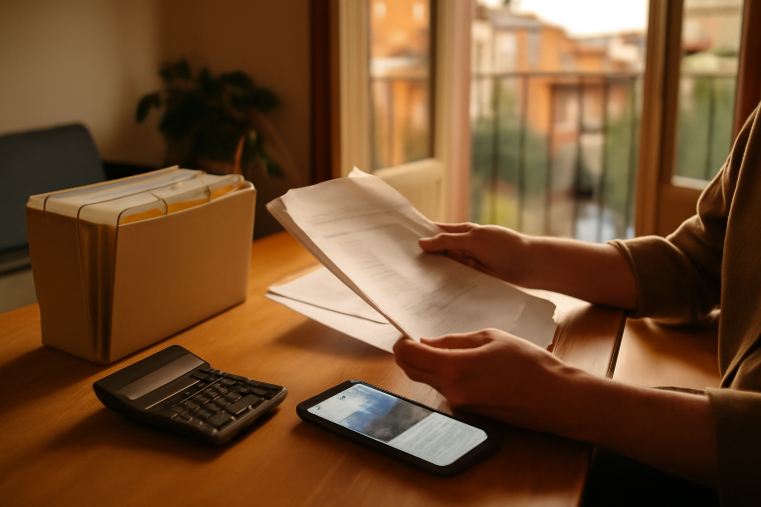 Grille de cotation logement social à Toulouse : documents et dossier sur une table, lumière de fin d’après-midi