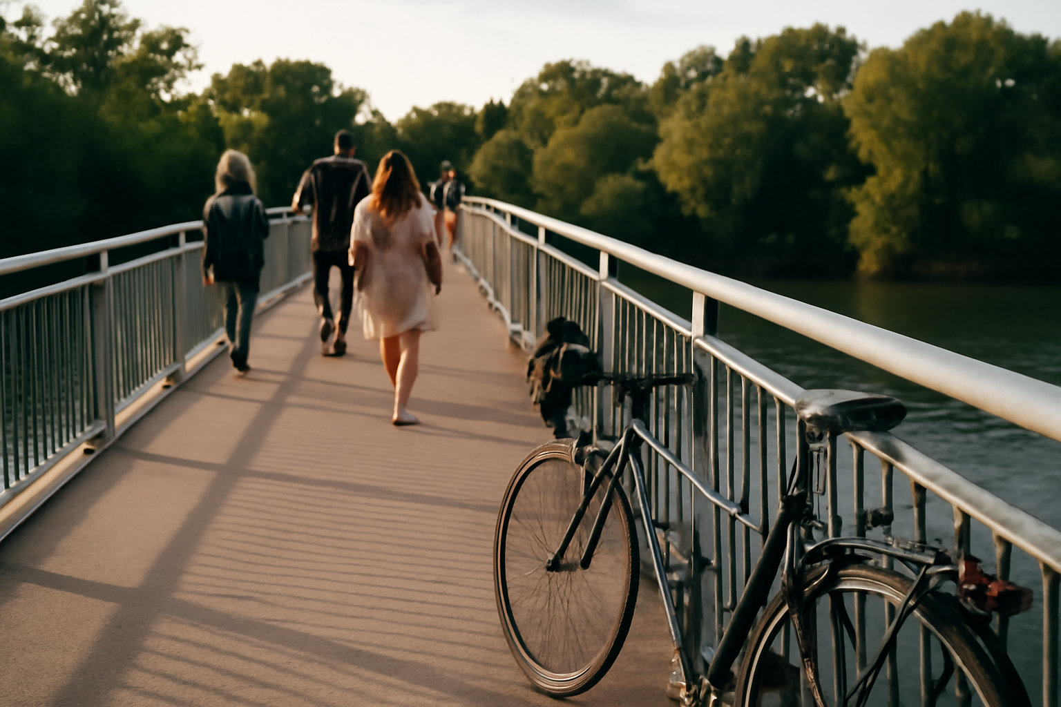 Île du grand ramier à Toulouse : passerelle piétonne au bord de la Garonne, lumière d’après-midi