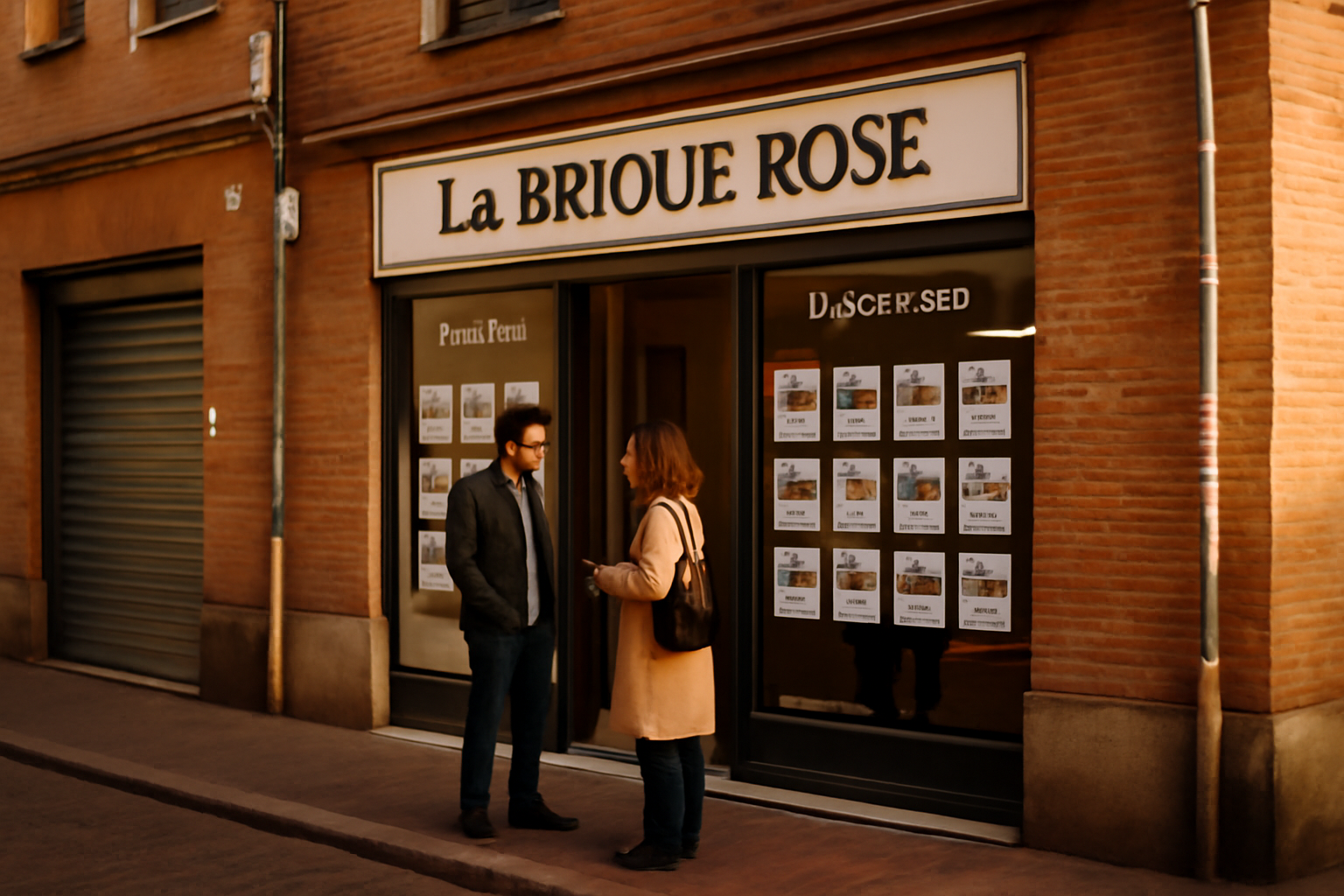 Façade d’une agence immobilière toulousaine « La brique rose » avec panneau et vitrine, sous lumière de fin d’après-midi