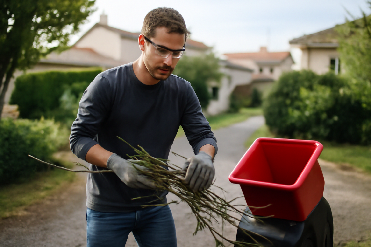 Location broyeur à végétaux à Toulouse : jardinier prépare des branches pour le broyage