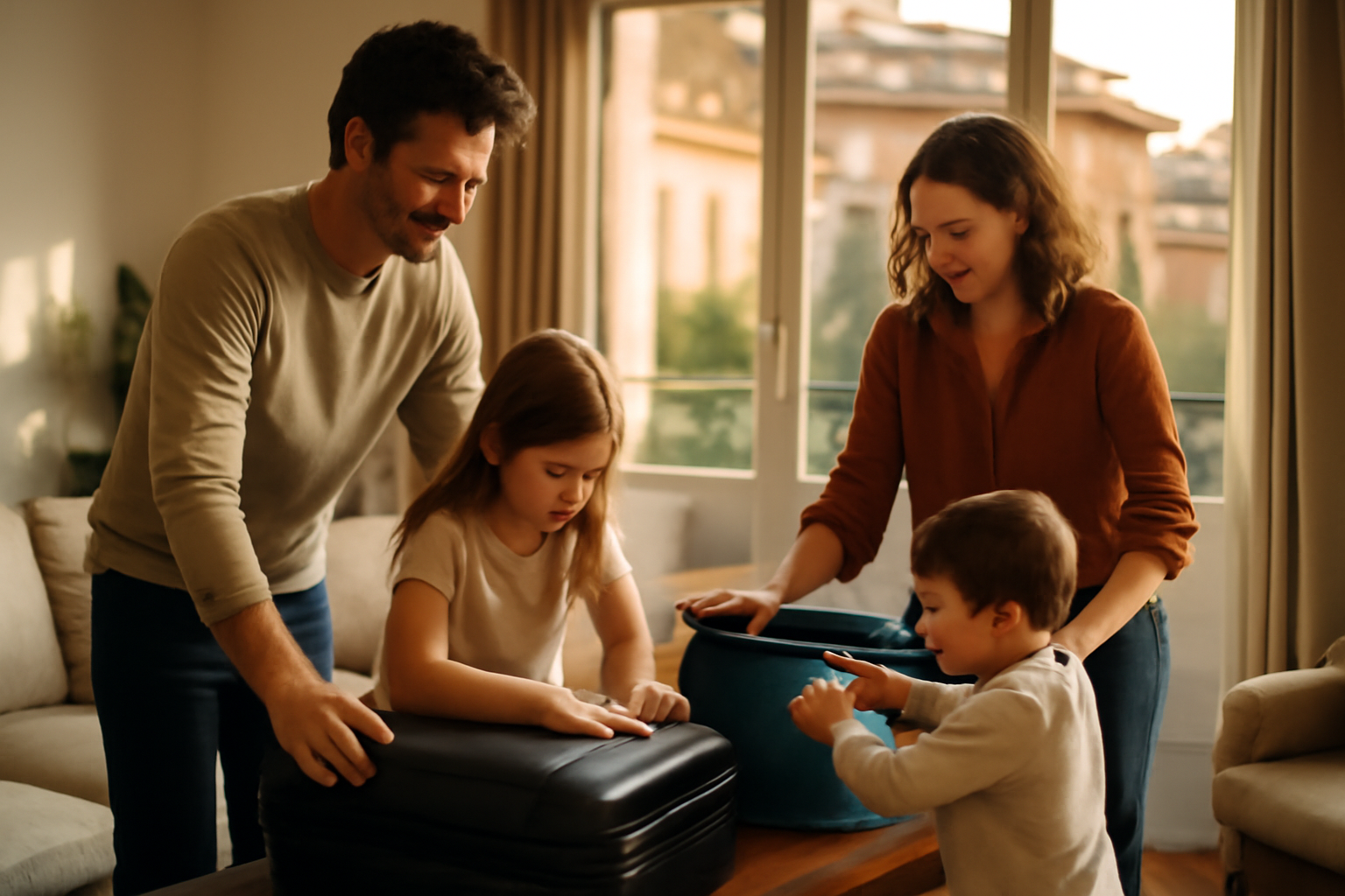 Location vacances Toulouse : salon lumineux d’un appartement près du centre, famille et valises