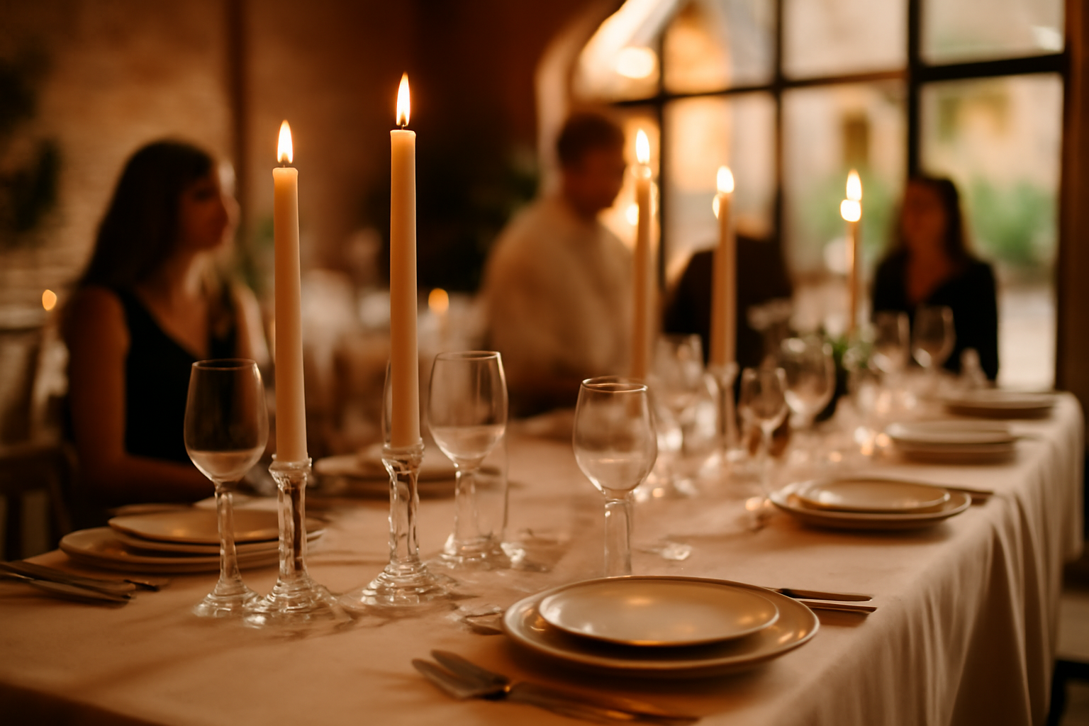 Longues bougies coniques sur une table dressée à Toulouse, lumière chaude et bougeoir en verre