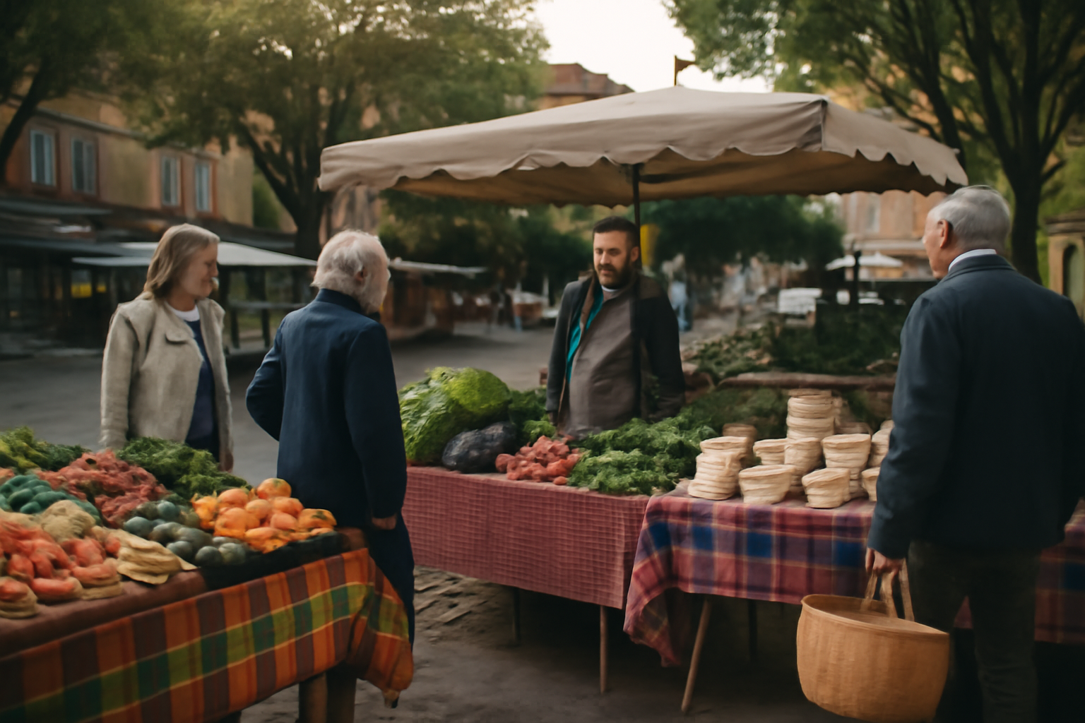 Marché de plein air à Toulouse avec étals de producteurs le matin, passants et paniers
