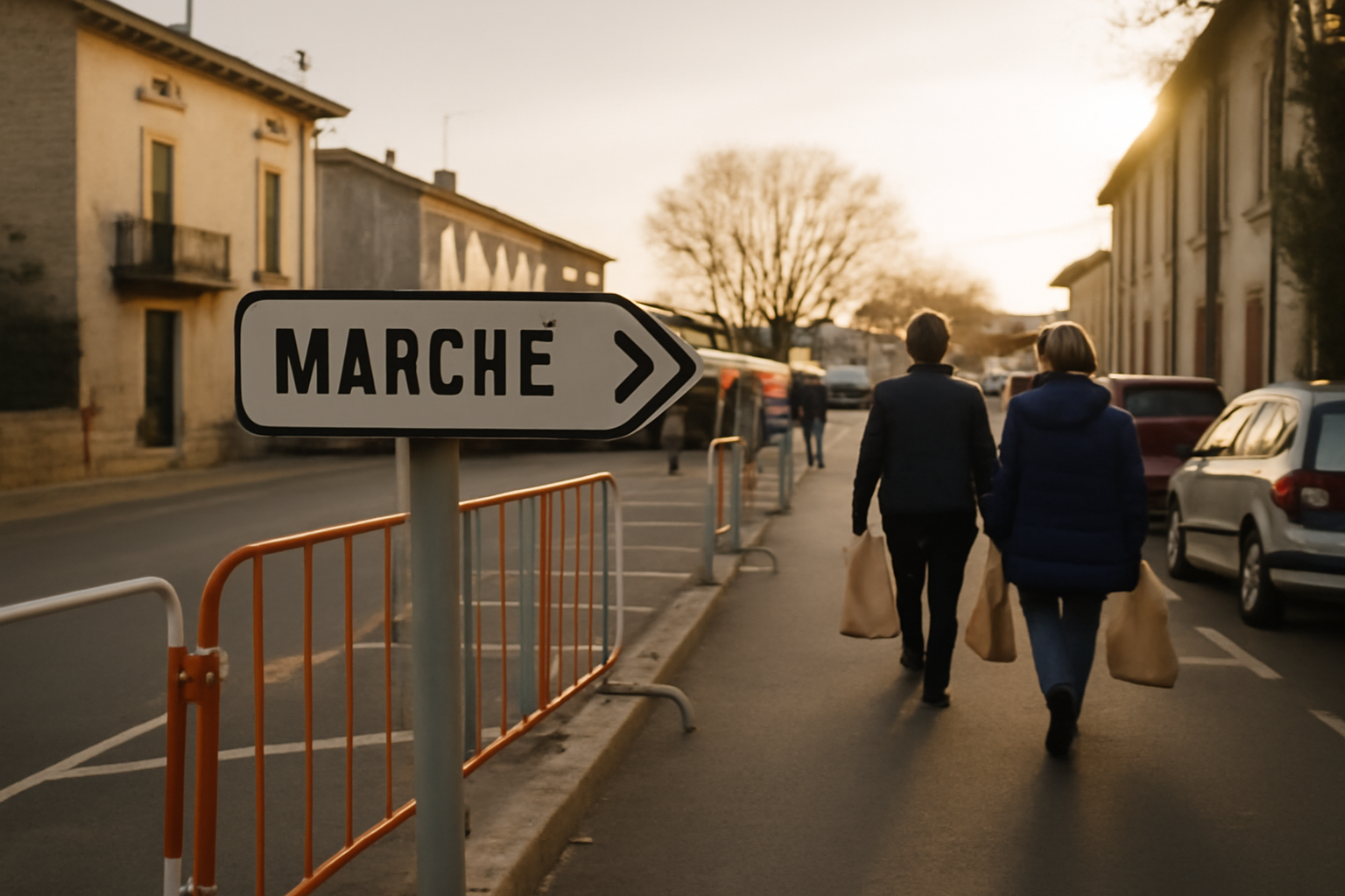 Stationnement et accès piéton vers un marché de plein air en Occitanie, au lever du jour