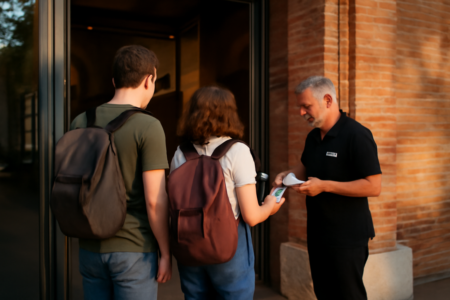 musée toulouse gratuit : entrée d’un musée à Toulouse un dimanche matin, visiteurs souriants, lumière douce