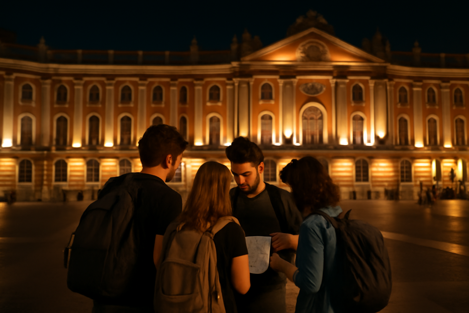 Visite nocturne lors de la nuit des musées 2025 à Toulouse devant un monument éclairé