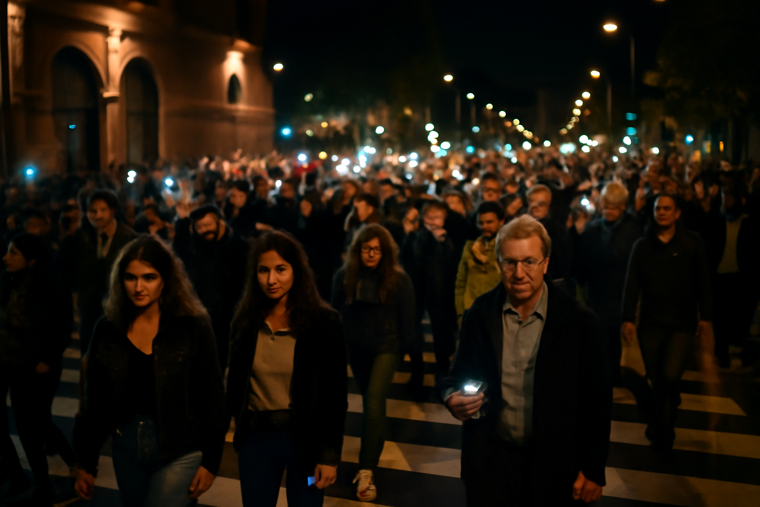 Passage piéton éclairé et foule devant un musée à Toulouse pendant une nocturne culturelle