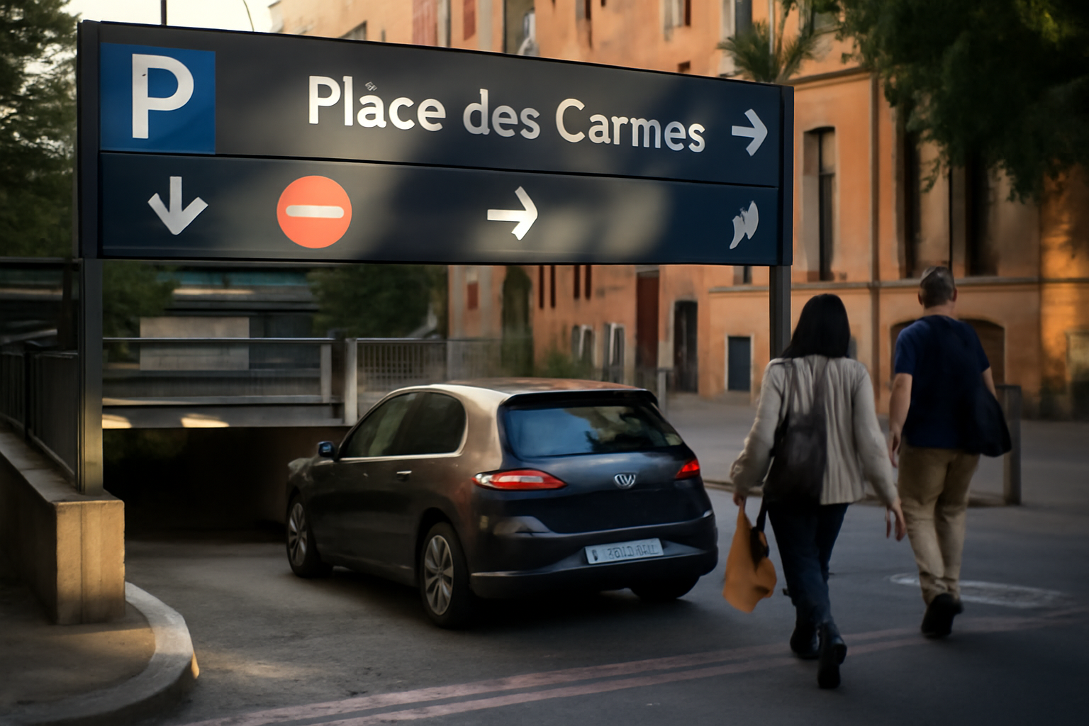 Parking Carmes à Toulouse sur la place des Carmes, entrée de parking et signalétique Indigo