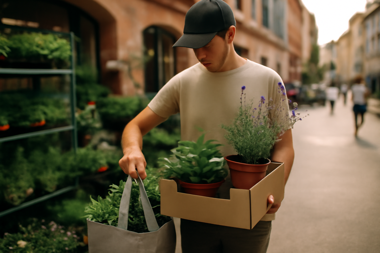 Plantes en pots à Toulouse avant l’événement Plantes pour tous, avec contenant rigide pour le transport
