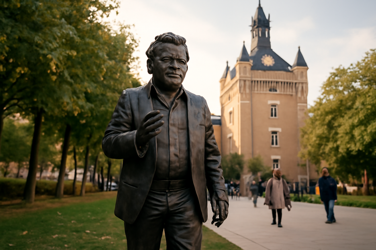 Statue Claude Nougaro en bronze au Square Charles-de-Gaulle au pied du donjon du Capitole à Toulouse