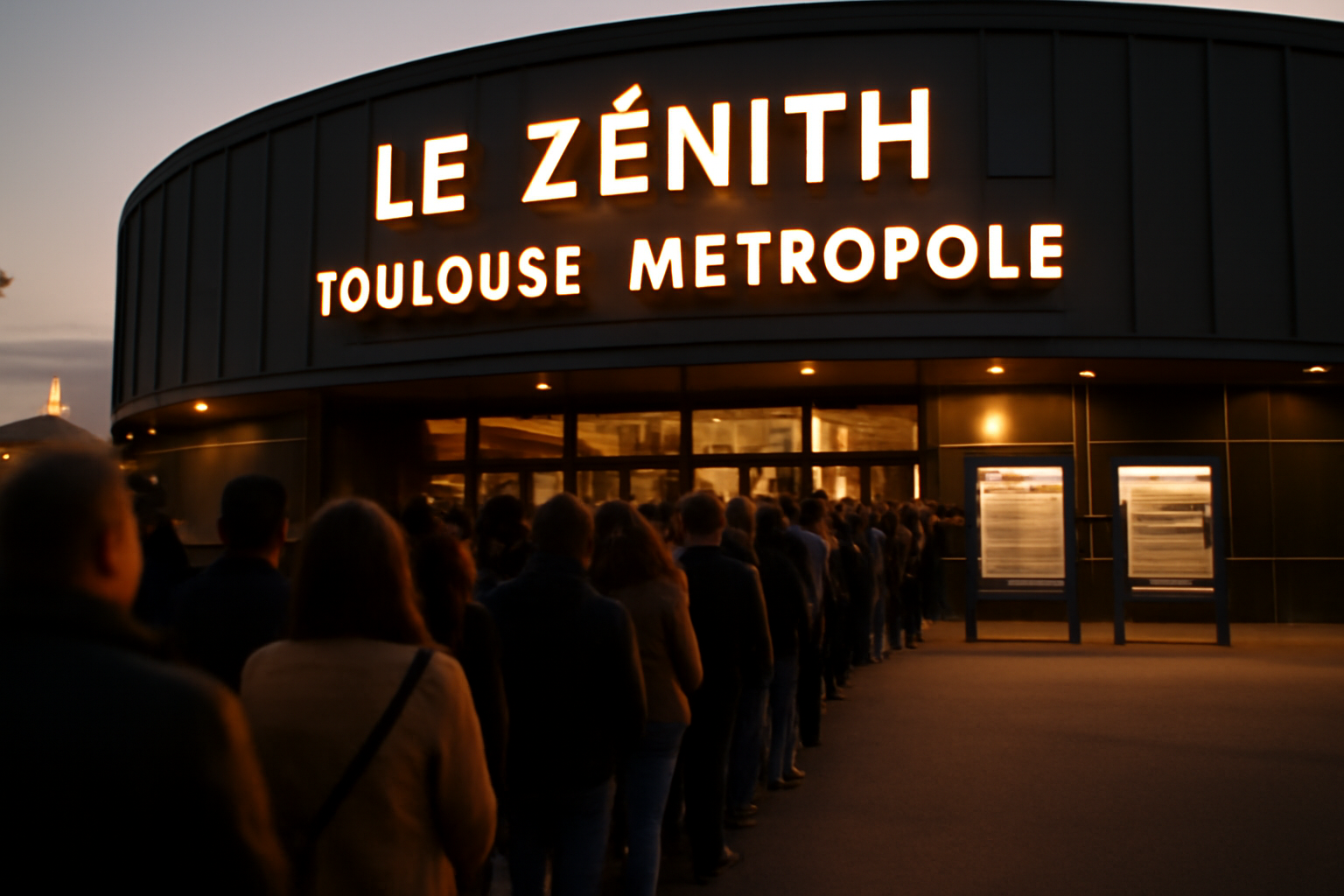 toulouse concert zenith : entrée du Zénith de Toulouse Métropole un soir de concert, public attendant sous les lumières