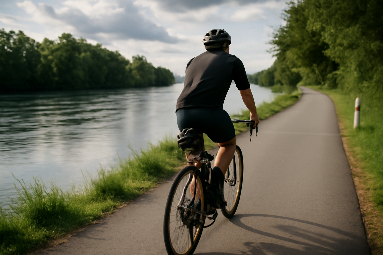 Cycliste sur la piste cyclable de la Transgarona le long de la Garonne près de Carbonne