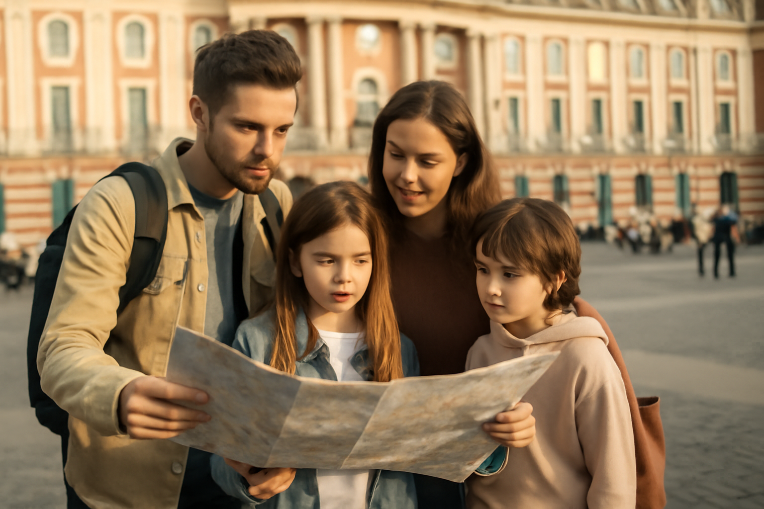 vacances avril toulouse : famille près du Capitole avec un enfant tenant un plan de visite