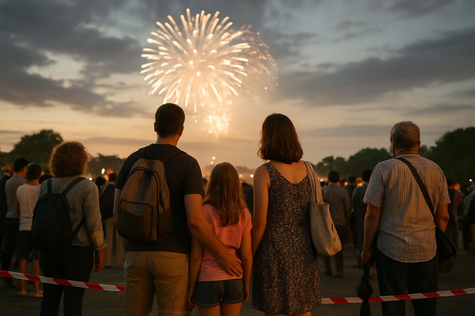 Feu d’artifice du 14 juillet à Toulouse vu depuis une zone sécurisée, foule en soirée sous des guirlandes lumineuses