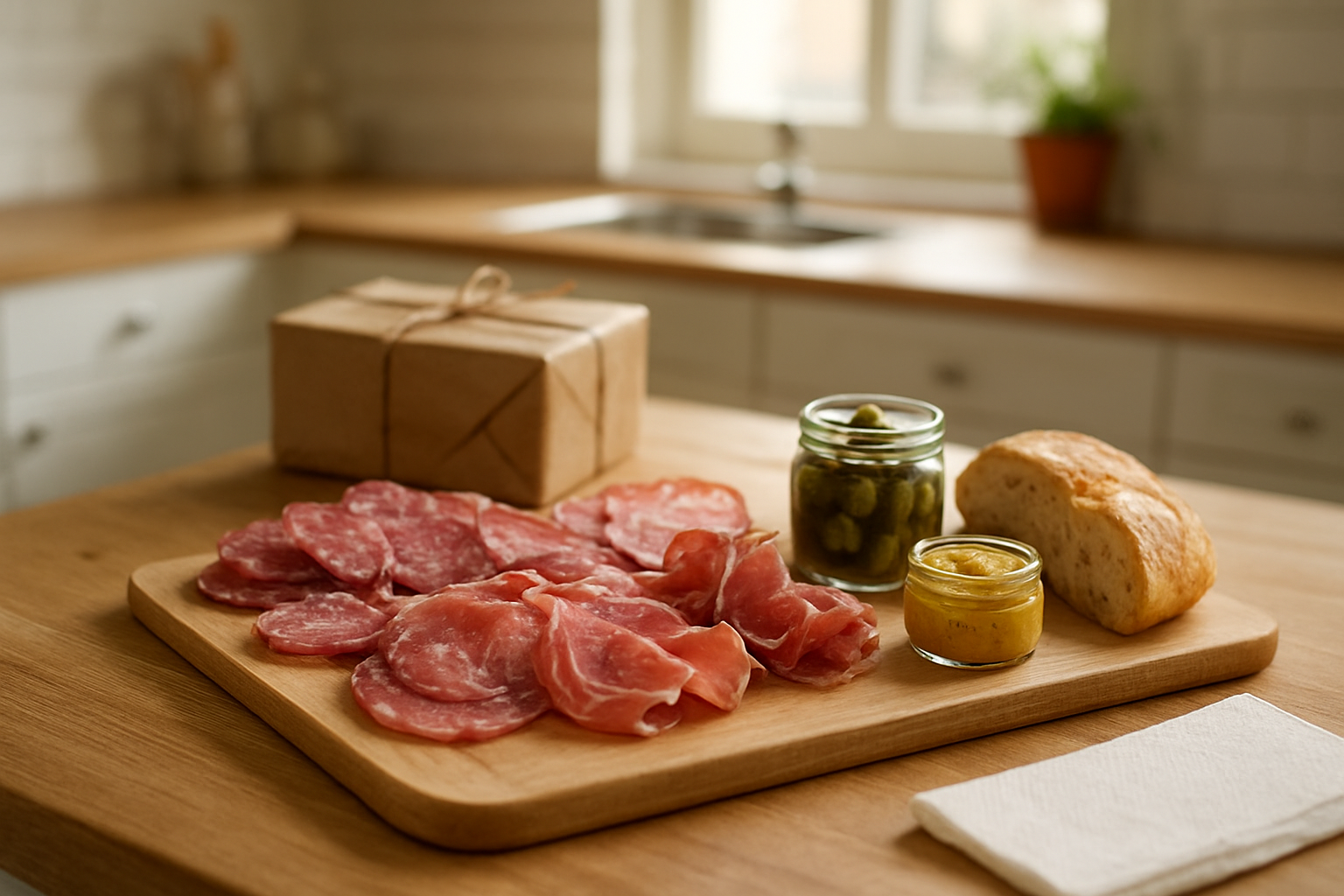 Bouquet de charcuterie prêt à offrir sur une table à Toulouse, avec pain, cornichons et moutarde