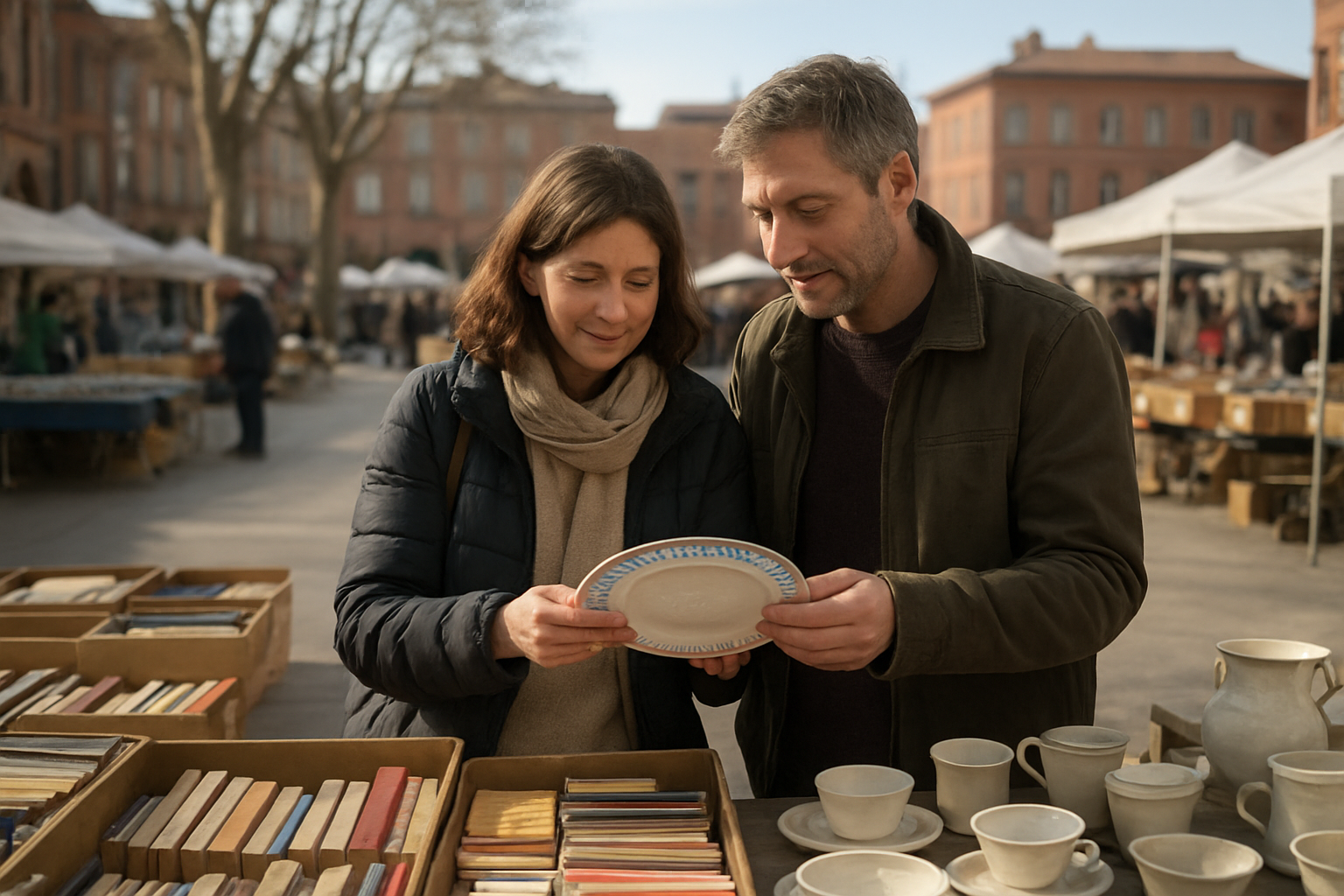 Chiner dans une brocante à Toulouse avec des stands, des cartons de livres et un acheteur qui inspecte une assiette