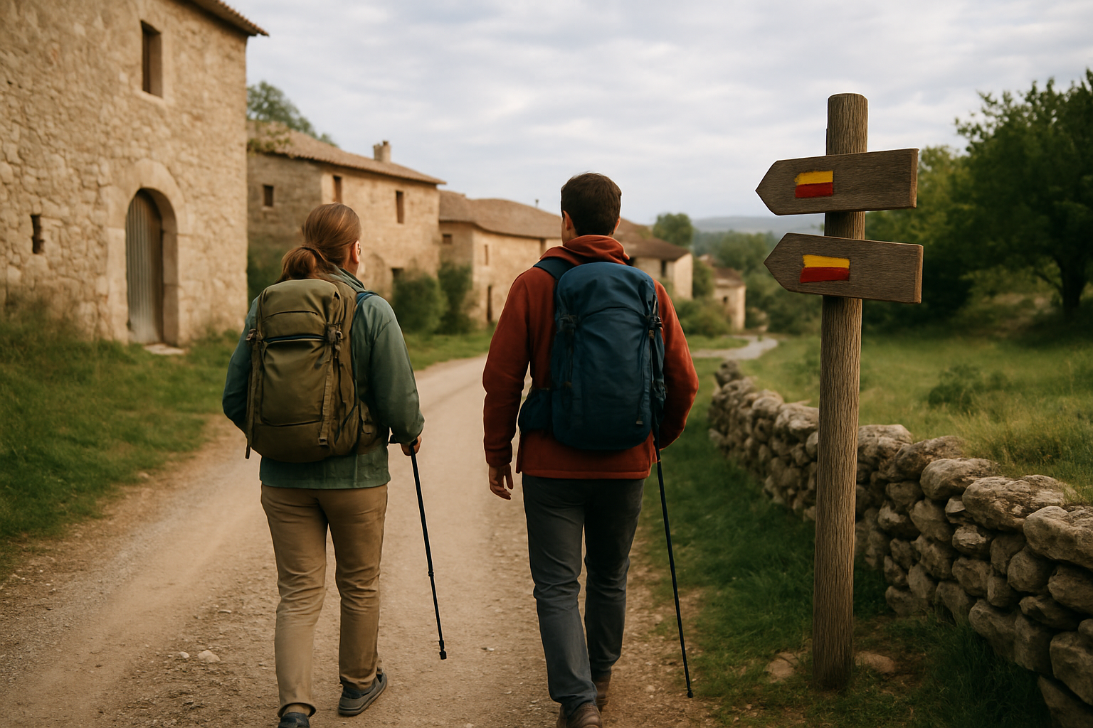 Randonneurs sur le chemin d’Amadour au départ d’un village en Occitanie, lumière du matin