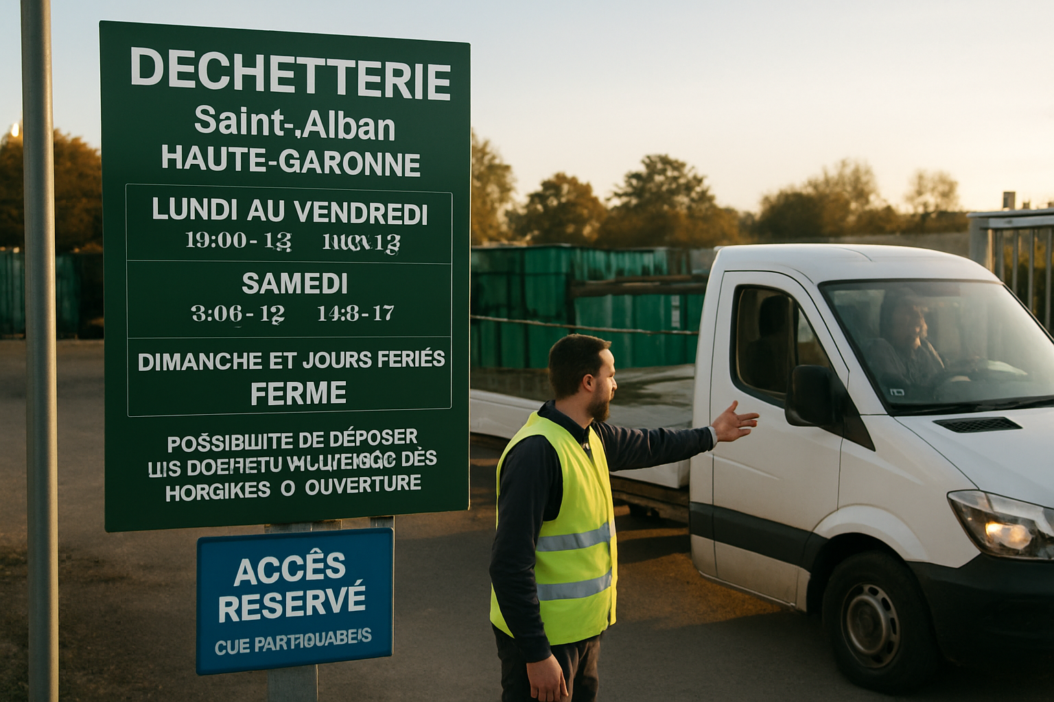 Entrée de la déchèterie de Saint-Alban avec agents et bennes de tri sous lumière de fin de journée