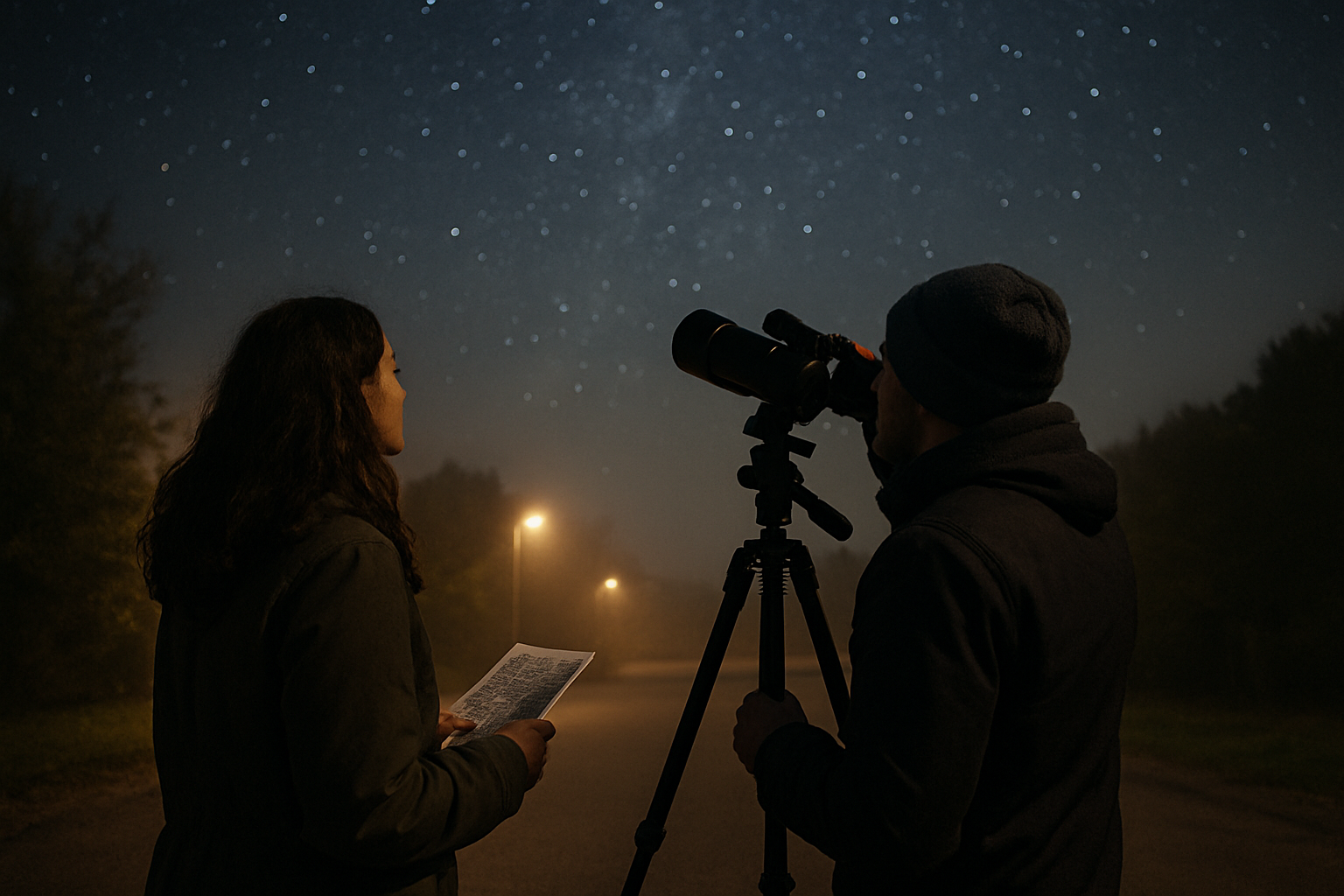 Observation nocturne à Toulouse avec jumelles pointées vers le ciel, ciel dégagé et pollution lumineuse réduite
