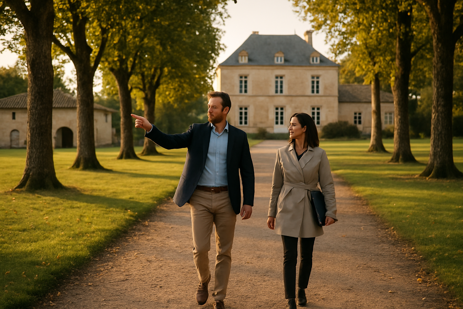 Vue sur le parc du domaine Preissac à Castelmaurou, avec une allée bordée d’arbres et des bâtiments en arrière-plan, lumière de fin d’après-midi