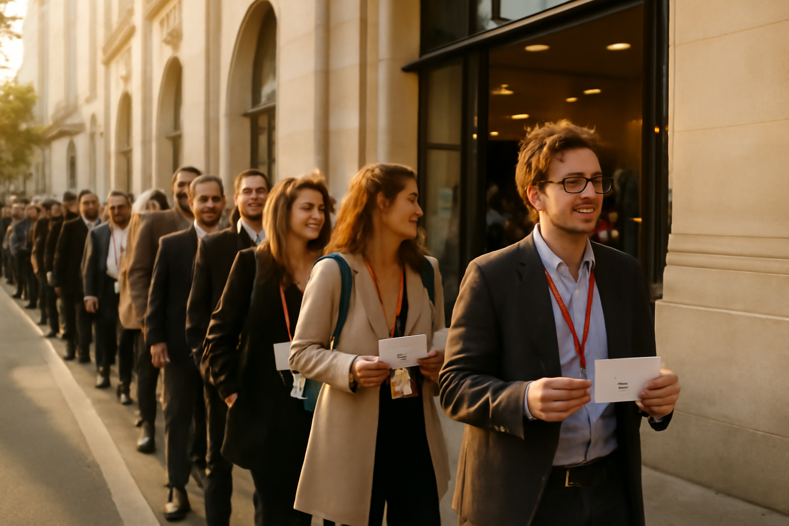 Photo réaliste d’un participant devant une salle à Paris pour dream it Conventions, badges et billets en main, lumière de fin d’après-midi