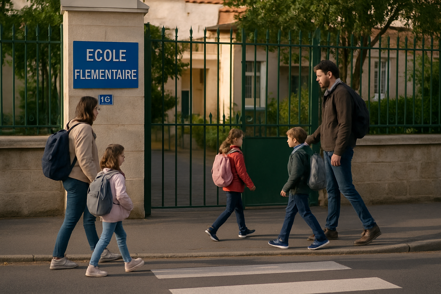 Entrée d’une école élémentaire publique avec panneau d’adresse et parents arrivant le matin