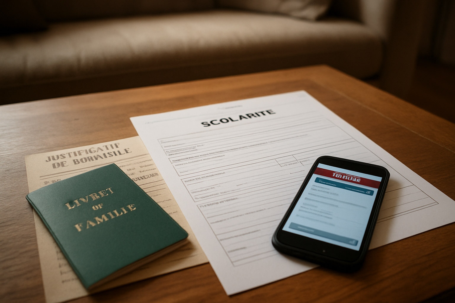 Dossier d’inscription scolaire avec documents administratifs sur une table, à côté d’un téléphone