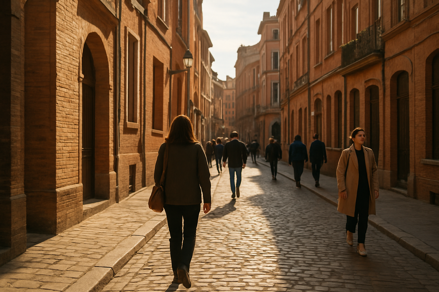 Façade de briques roses et ruelles du centre de Toulouse au soleil, ambiance historique