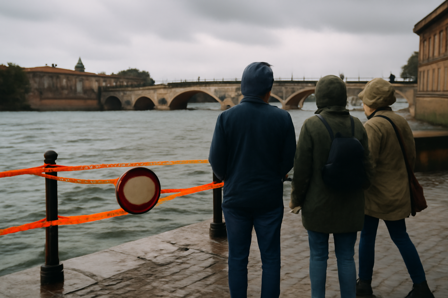 Vue réaliste des quais de la Garonne à Toulouse avec ruban de sécurité et panneaux d’interdiction lors d’une vigilance crues