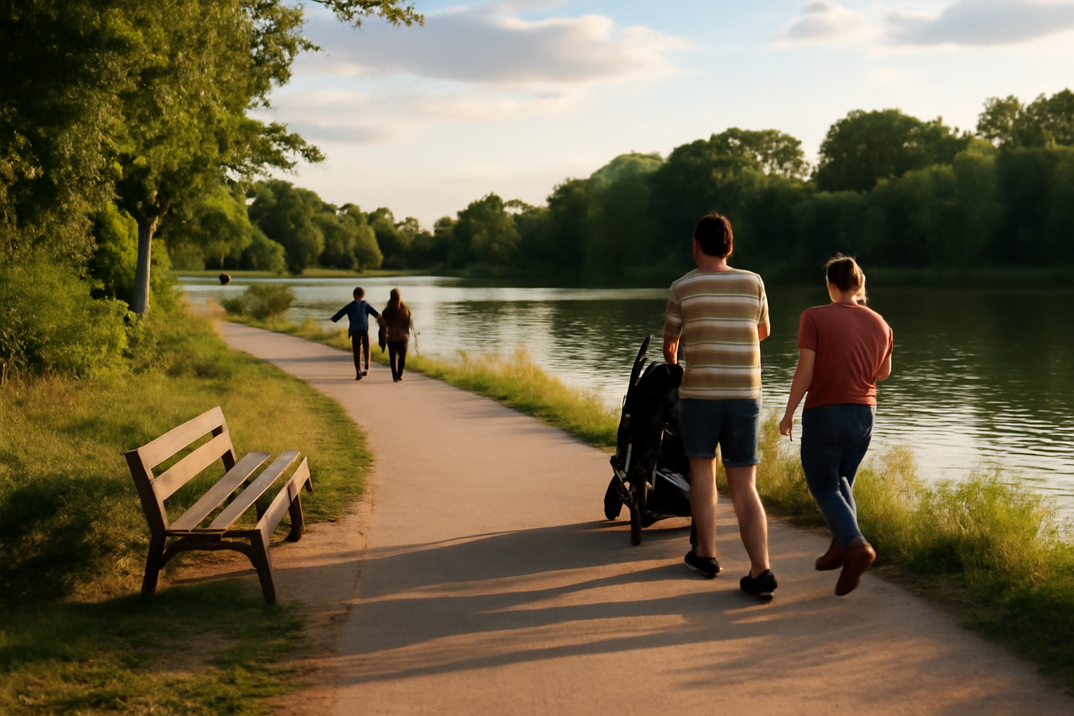 lac de la reynerie à Toulouse : berges aménagées et promenade au coucher du soleil