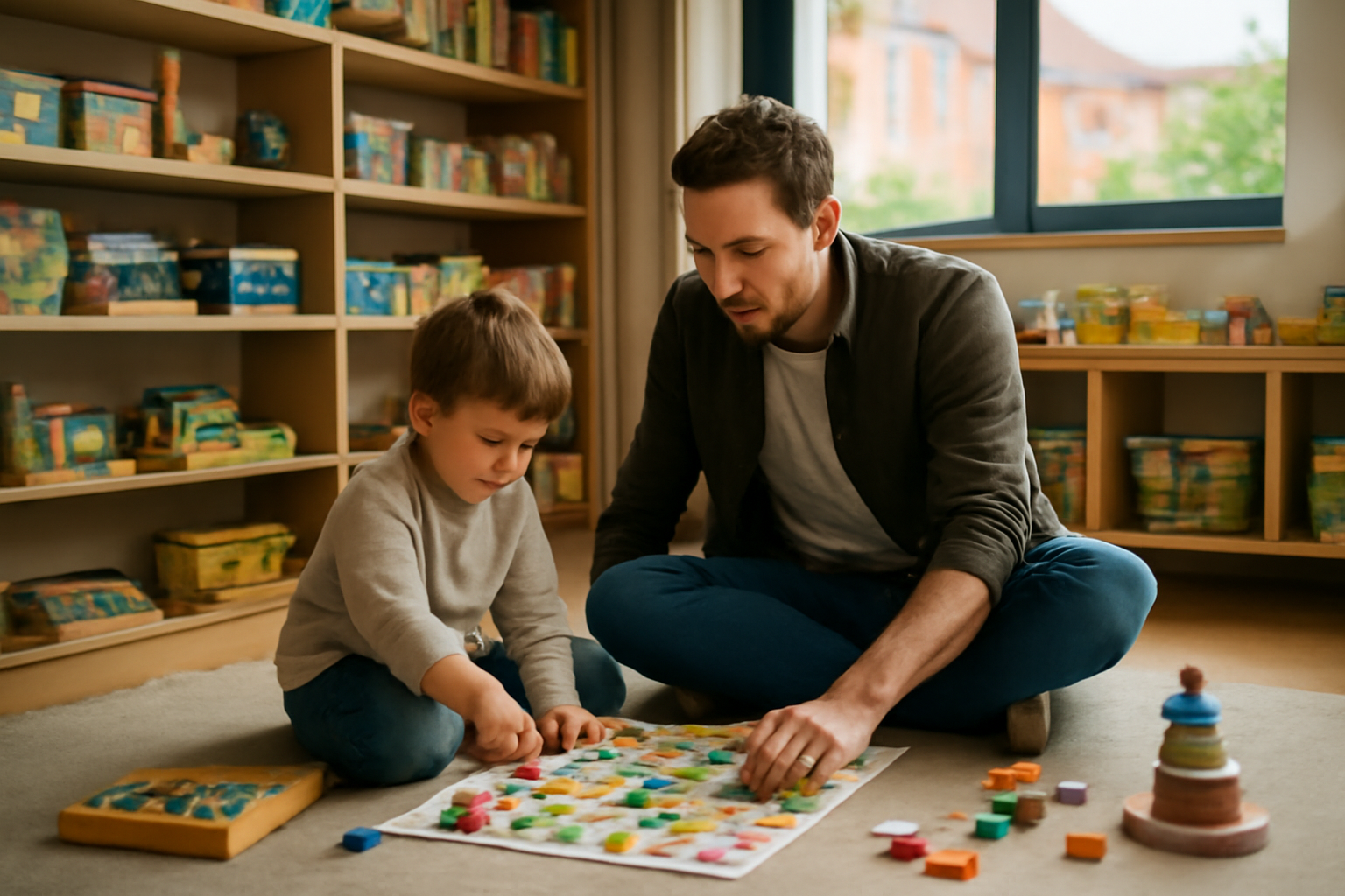 Enfant et parent découvrant des jeux en ludothèque à Toulouse, ambiance chaleureuse et étagères à hauteur d’enfant