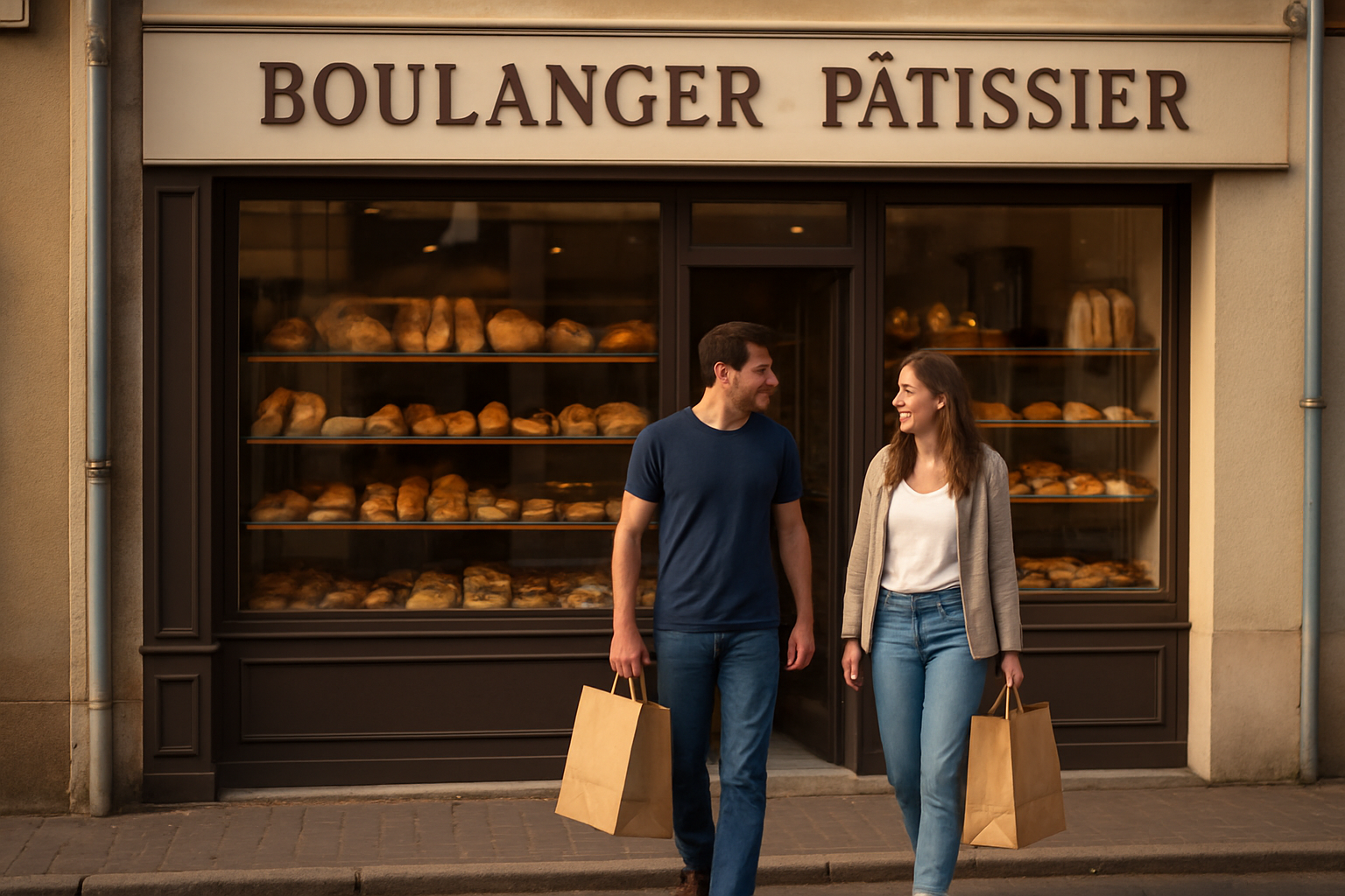 Façade d’une boulangerie à Léguevin dans le ZAC de Lengel, devant l’Allée des Cordeliers, lumière de fin d’après-midi