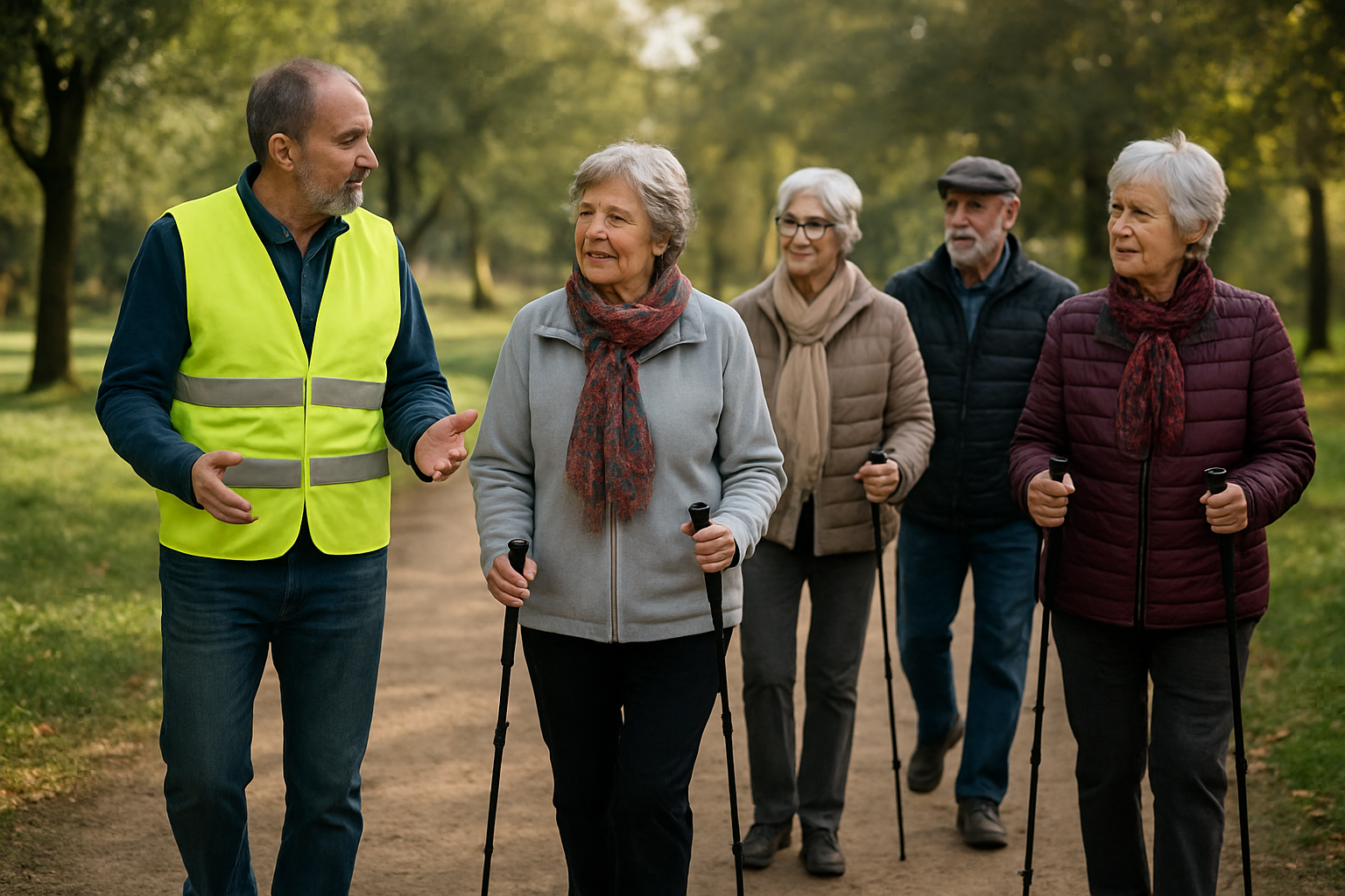 Atelier d’équilibre et marche douce pour seniors en extérieur près de Toulouse, groupe encadré par un animateur