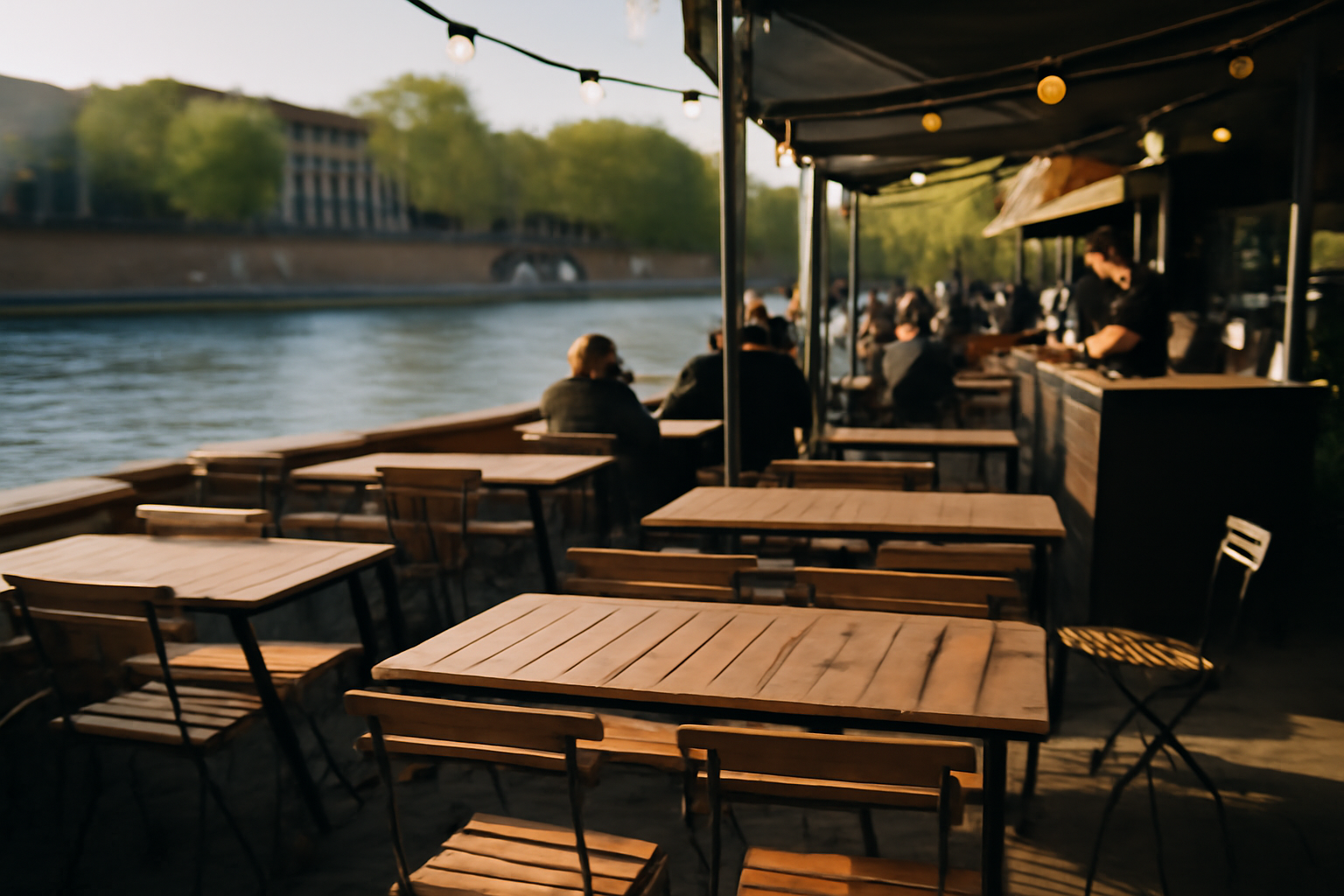 Terrasse de guinguette au port de la Daurade à Toulouse au bord de la Garonne