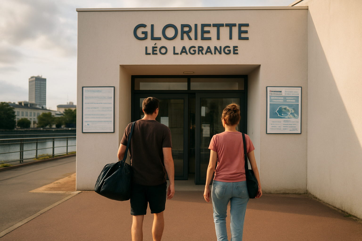 Entrée de la piscine Gloriette (Léo Lagrange) à Nantes, vue extérieure près de la Loire