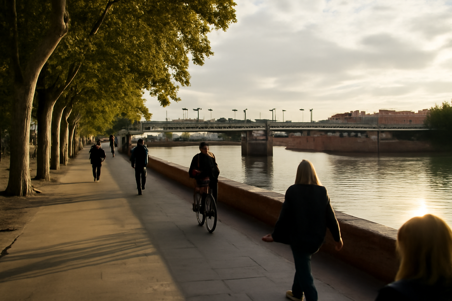 pont de Toulouse sur la Garonne, quais et passants en fin d’après-midi