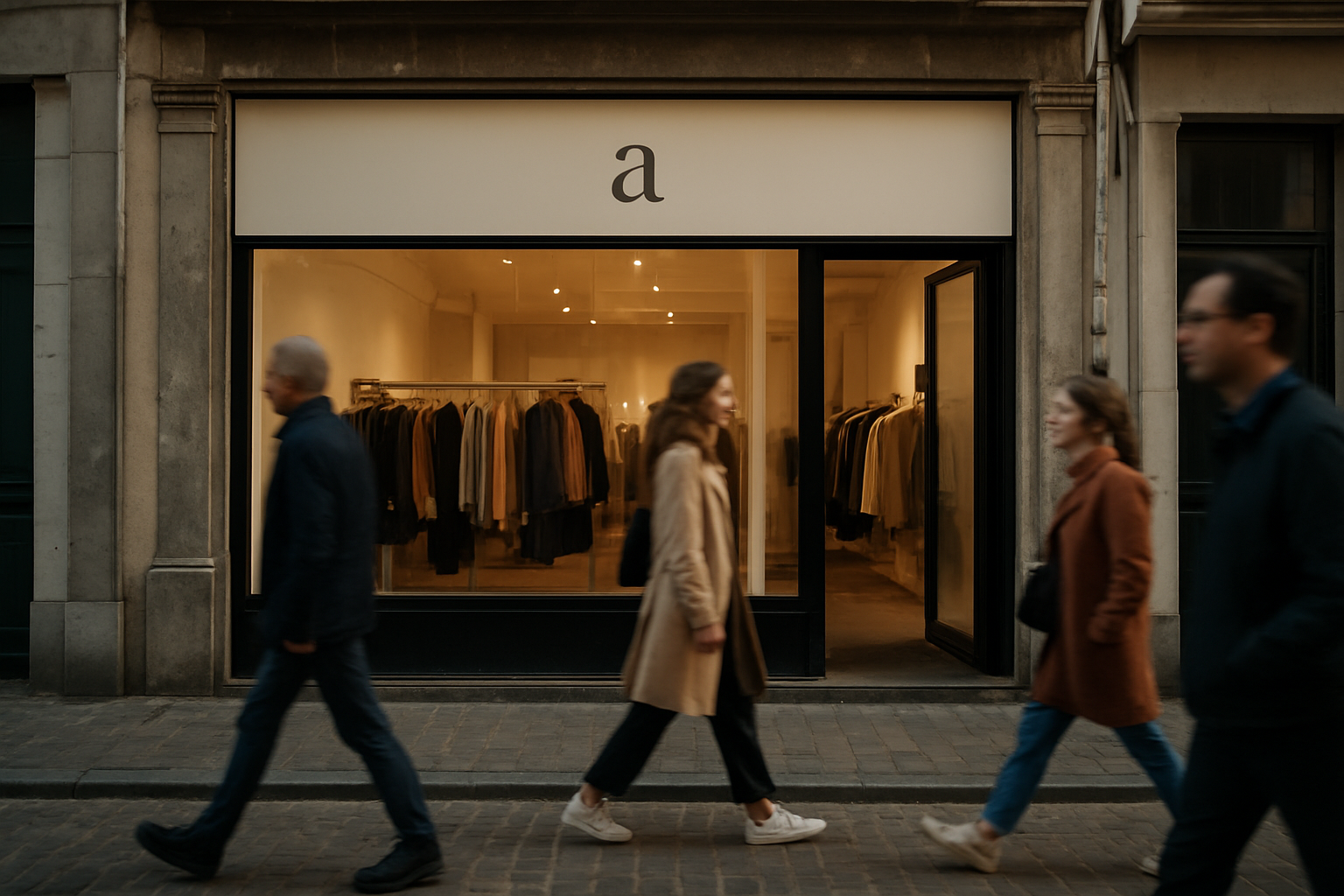 Façade du pop-up Sézane à Bruxelles au 39 rue Antoine Dansaert, devanture et passants en journée
