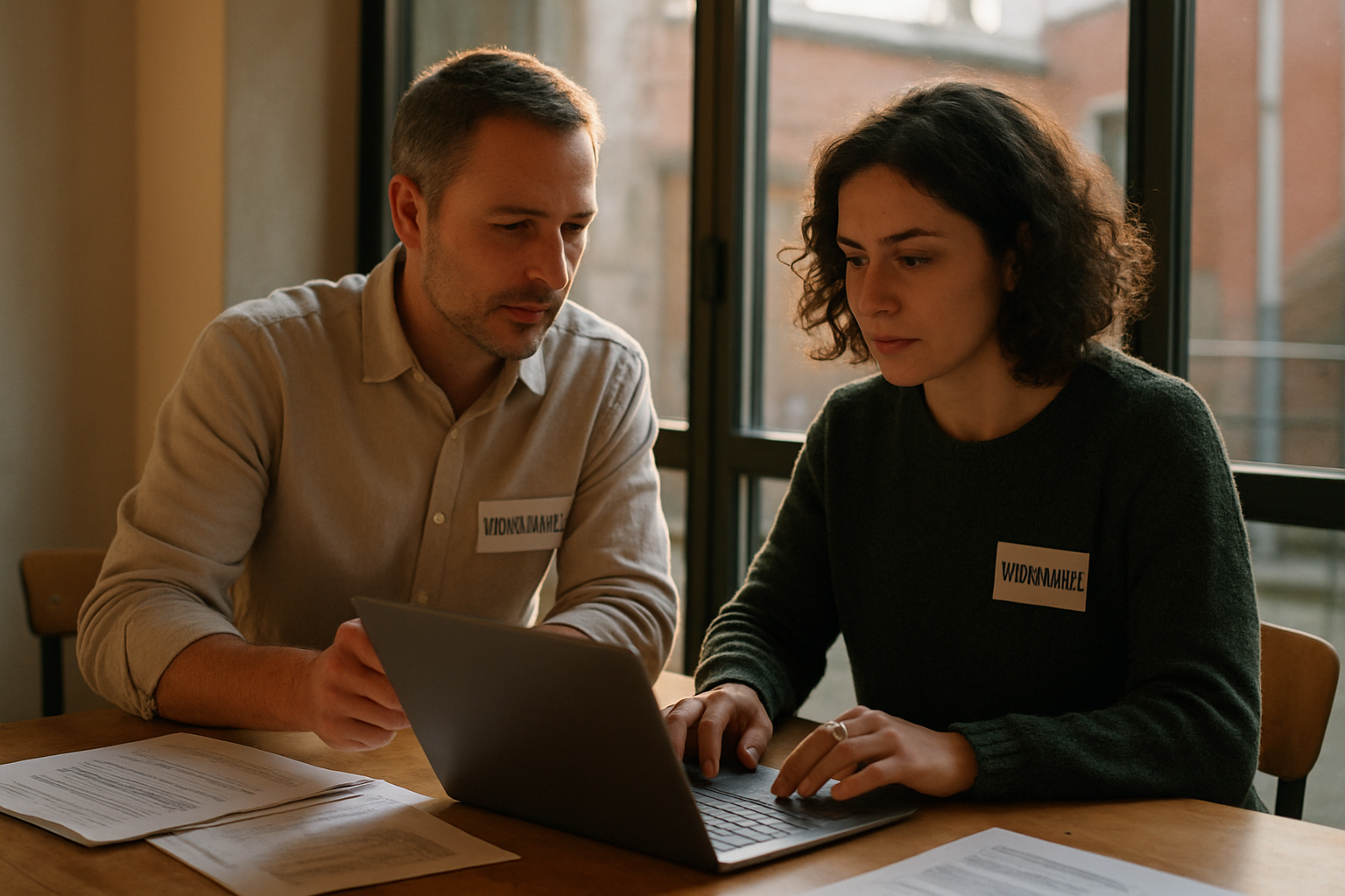 Bénévoles à Toulouse consultant un portail associatif sur ordinateur portable, lumière de fin d’après-midi