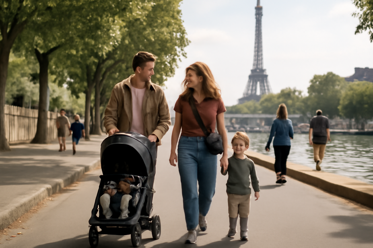 Balade sur les berges de la Seine à Paris le 8 mai 2025, famille avec poussette et vue sur la tour Eiffel
