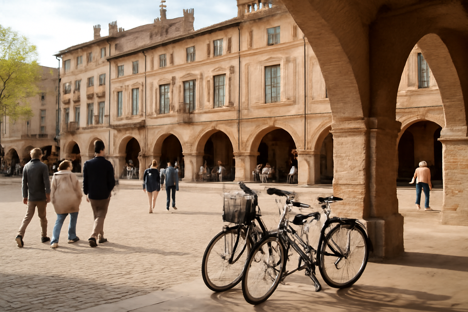 Place Nationale de Montauban avec ambiance de promenade au printemps